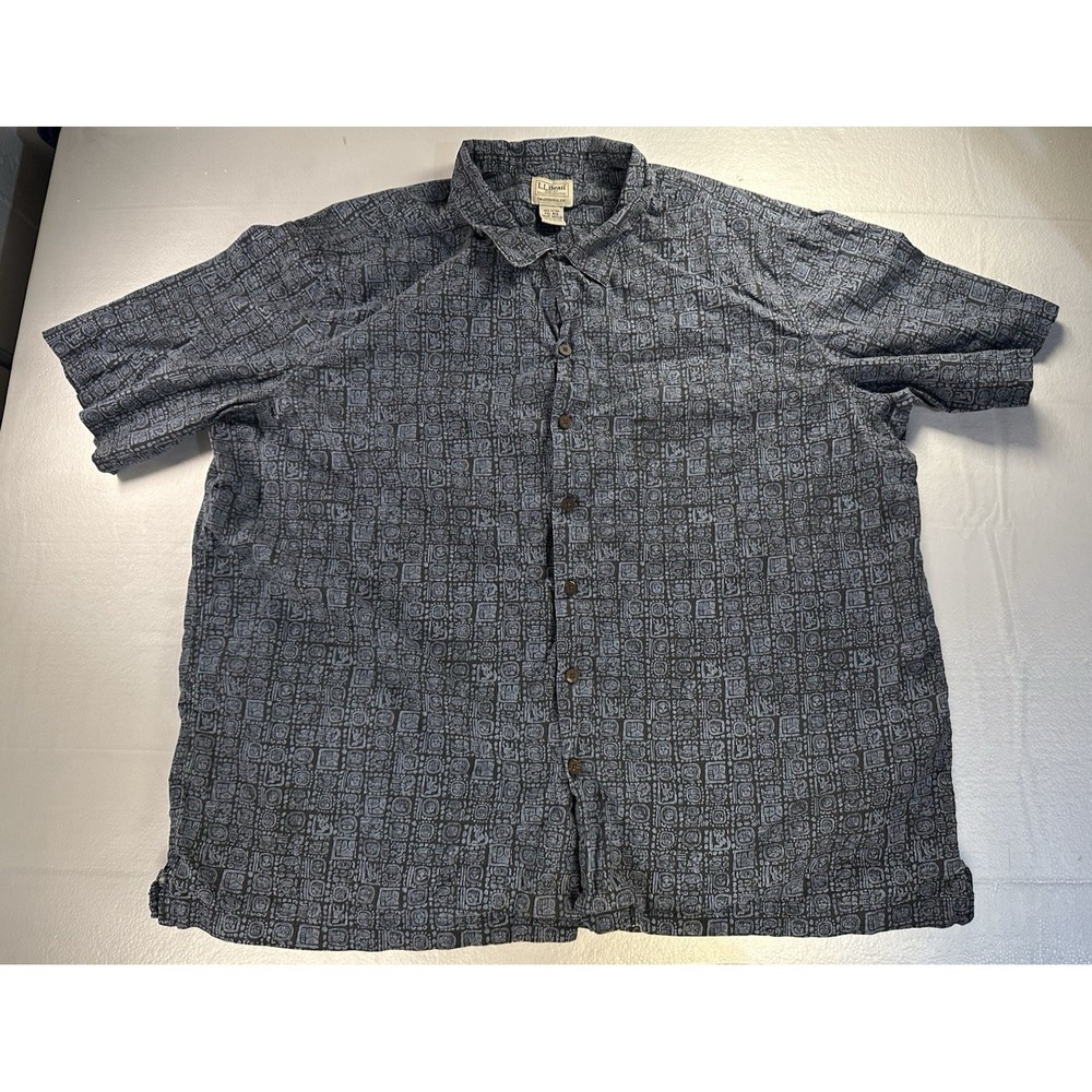 Vintage LL Bean Hawaiian Shirt Mens XXL Blue Geometric Tribal Button Up